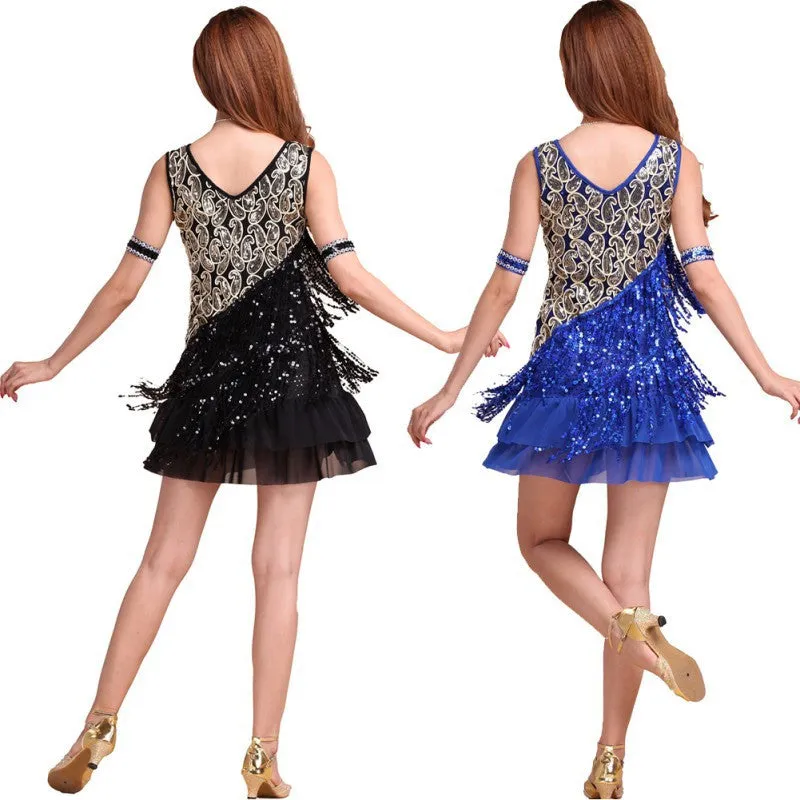 Elegant Women Night Club Party Latin Dance Dress Ballroom Salsa Sequins Fringe Skirts6 SM6