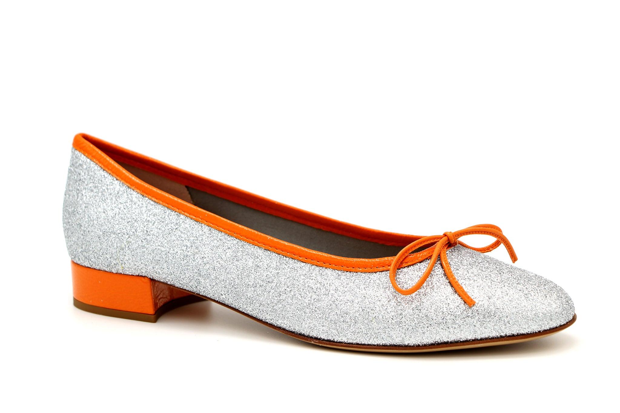 FABUCCI Silver Shimmer  Ballerina Shoe with  Orange Trim