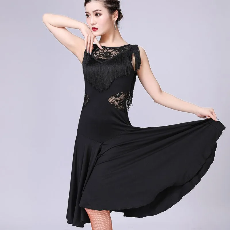 Fringe Latin Salsa Dance Dress Performance Stage Show Costume Sleeveless Sheer Floral Lace A-Line Swing Dress