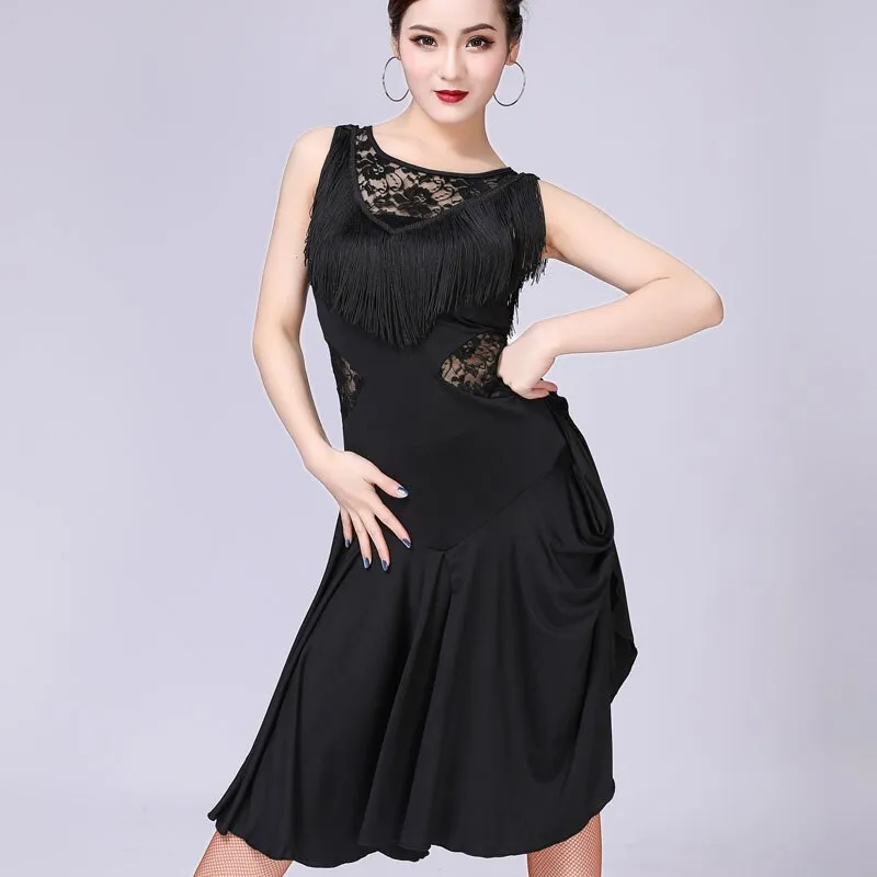 Fringe Latin Salsa Dance Dress Performance Stage Show Costume Sleeveless Sheer Floral Lace A-Line Swing Dress