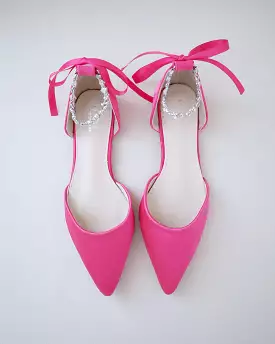 Fuchsia Satin Pointy Toe Evening Flats with Amaryllis Strap