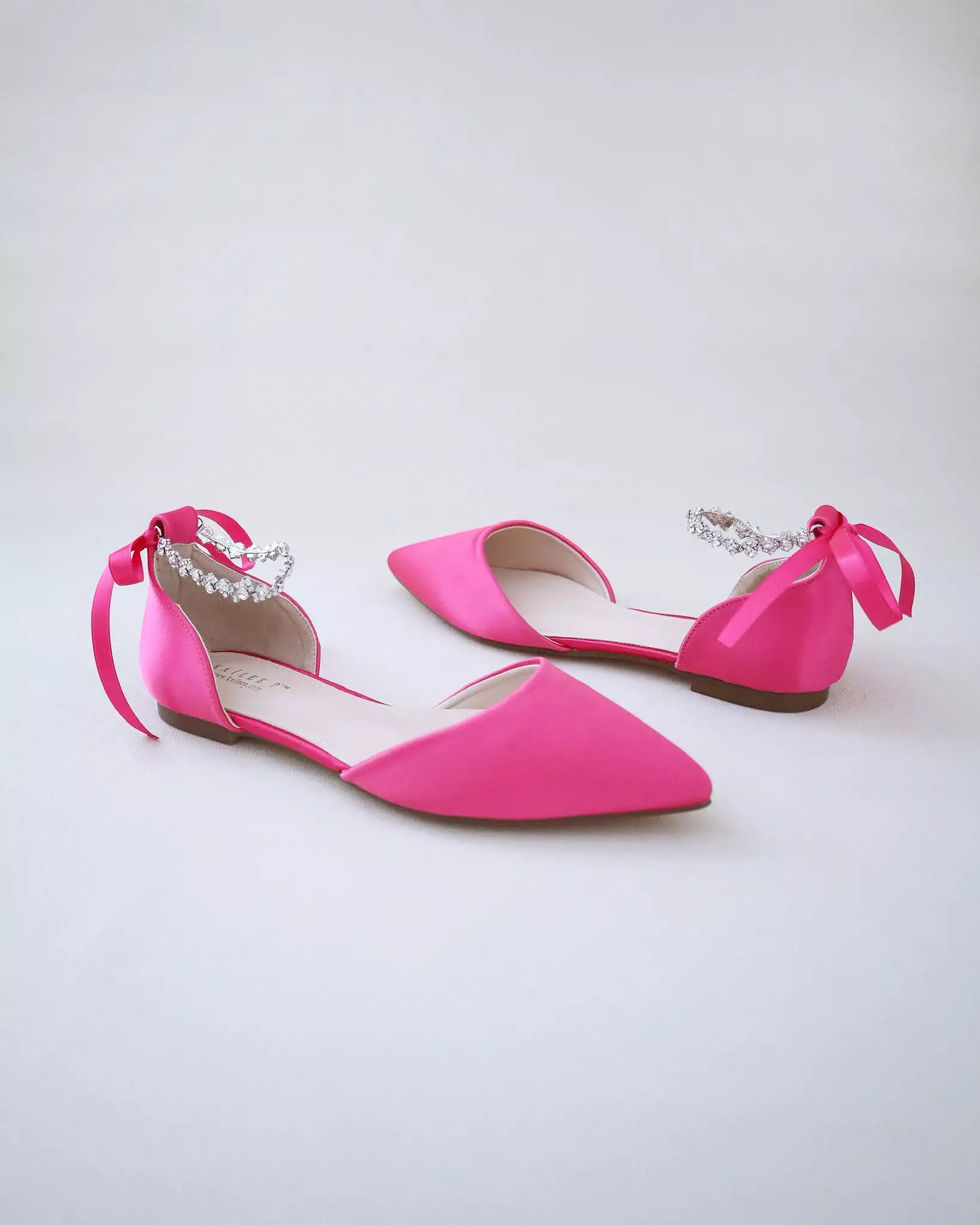 Fuchsia Satin Pointy Toe Evening Flats with Amaryllis Strap