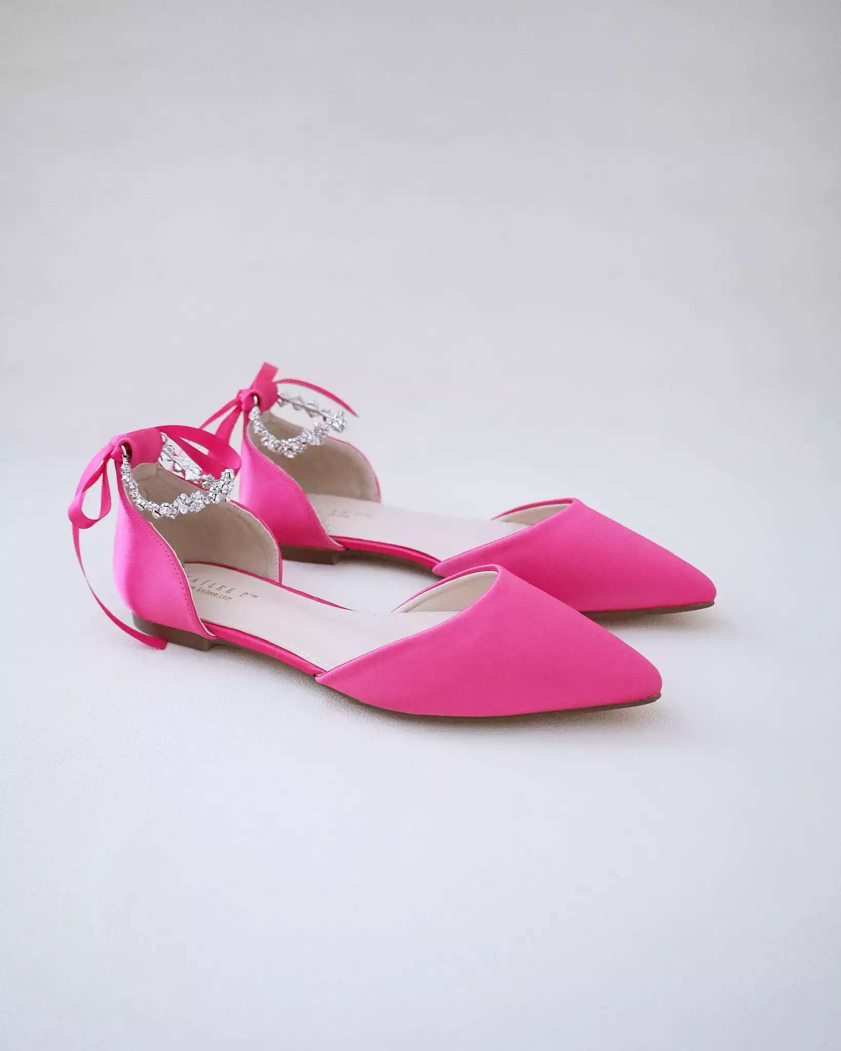 Fuchsia Satin Pointy Toe Evening Flats with Amaryllis Strap