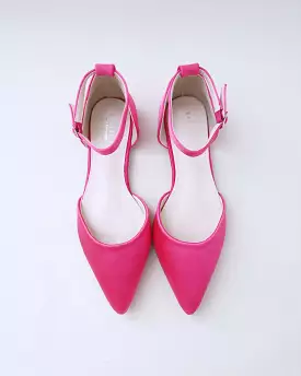 Fuchsia Satin Pointy Toe Flats with Ankle Strap