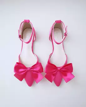 Fuchsia Satin Pointy Toe flats with Front Satin Bow