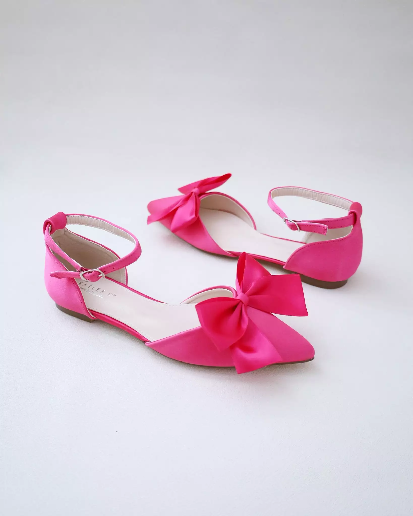 Fuchsia Satin Pointy Toe flats with Front Satin Bow