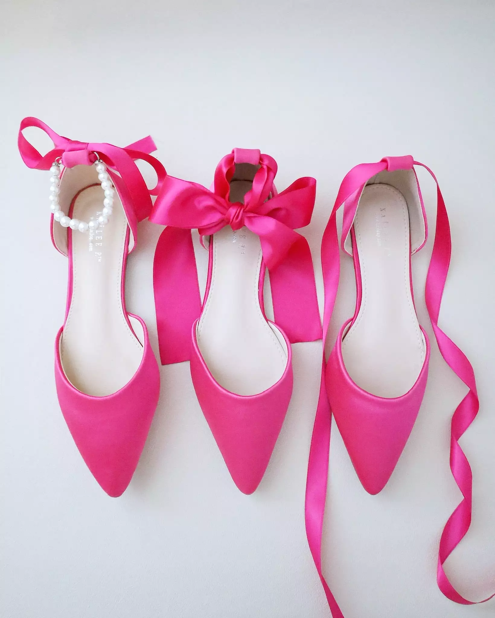 Fuchsia Satin Pointy Toe Flats with Satin Ankle Tie or Ballerina Lace Up