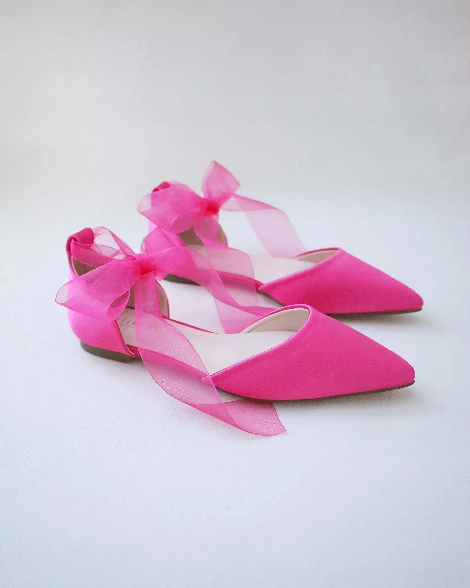 Fuchsia Satin Pointy Toe Flats with Satin Ankle Tie or Ballerina Lace Up