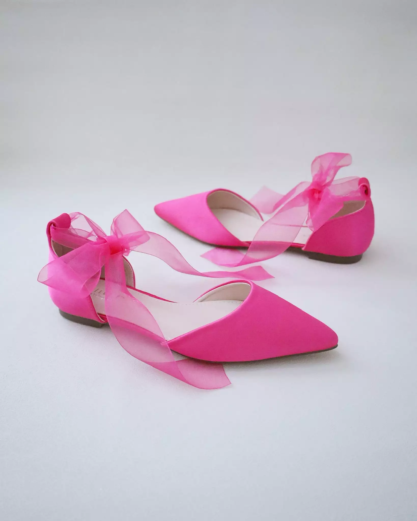 Fuchsia Satin Pointy Toe Flats with Satin Ankle Tie or Ballerina Lace Up