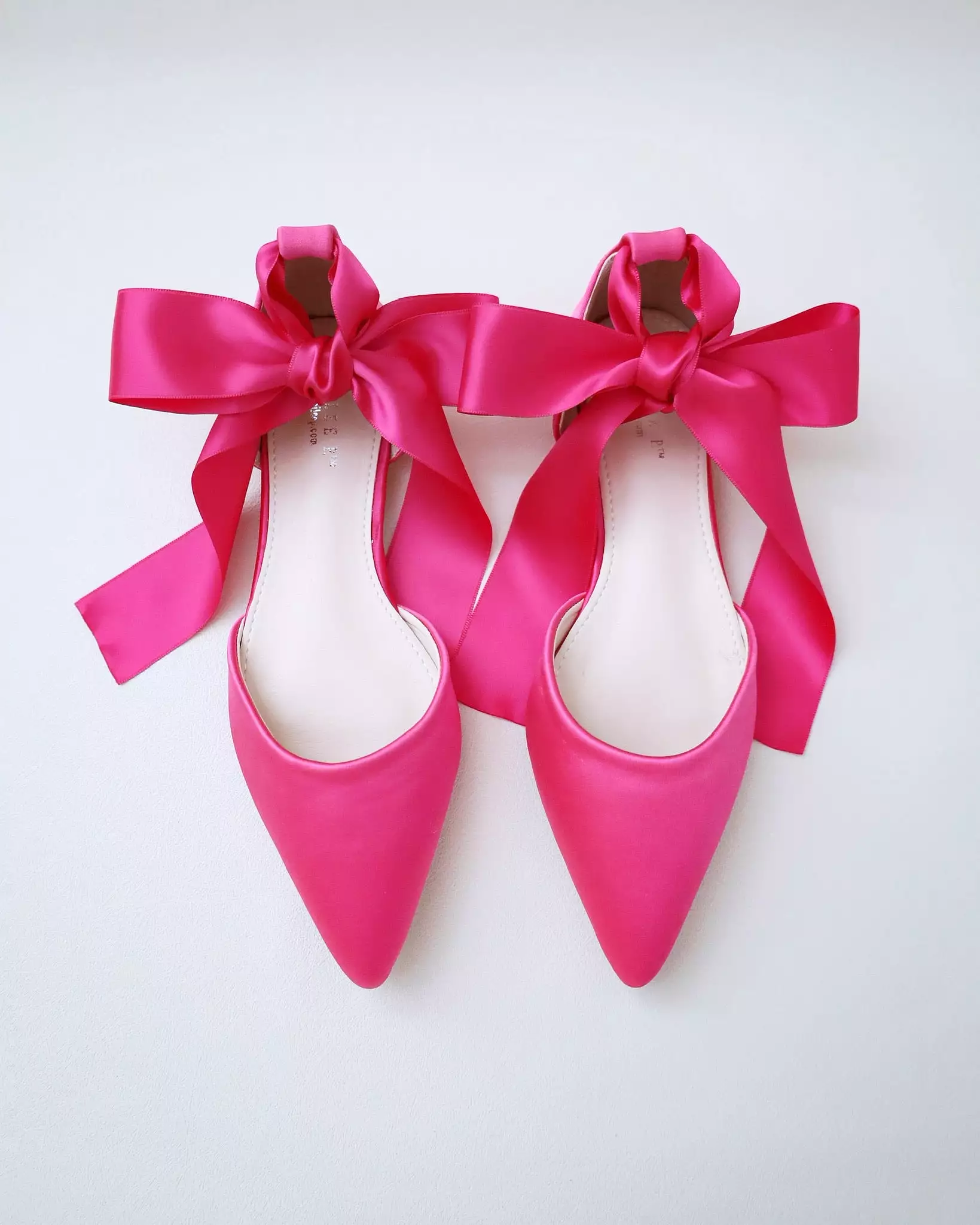 Fuchsia Satin Pointy Toe Flats with Satin Ankle Tie or Ballerina Lace Up