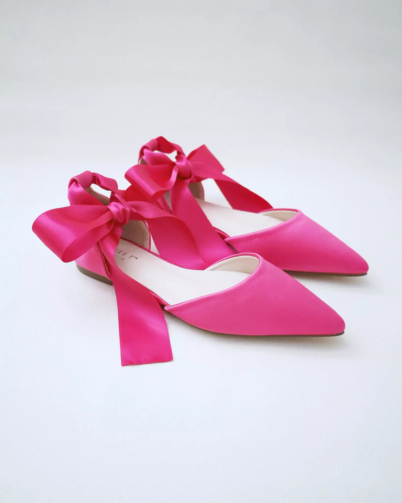 Fuchsia Satin Pointy Toe Flats with Satin Ankle Tie or Ballerina Lace Up