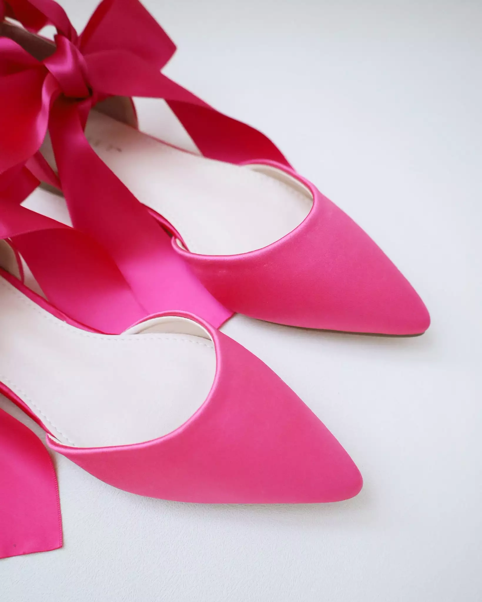 Fuchsia Satin Pointy Toe Flats with Satin Ankle Tie or Ballerina Lace Up