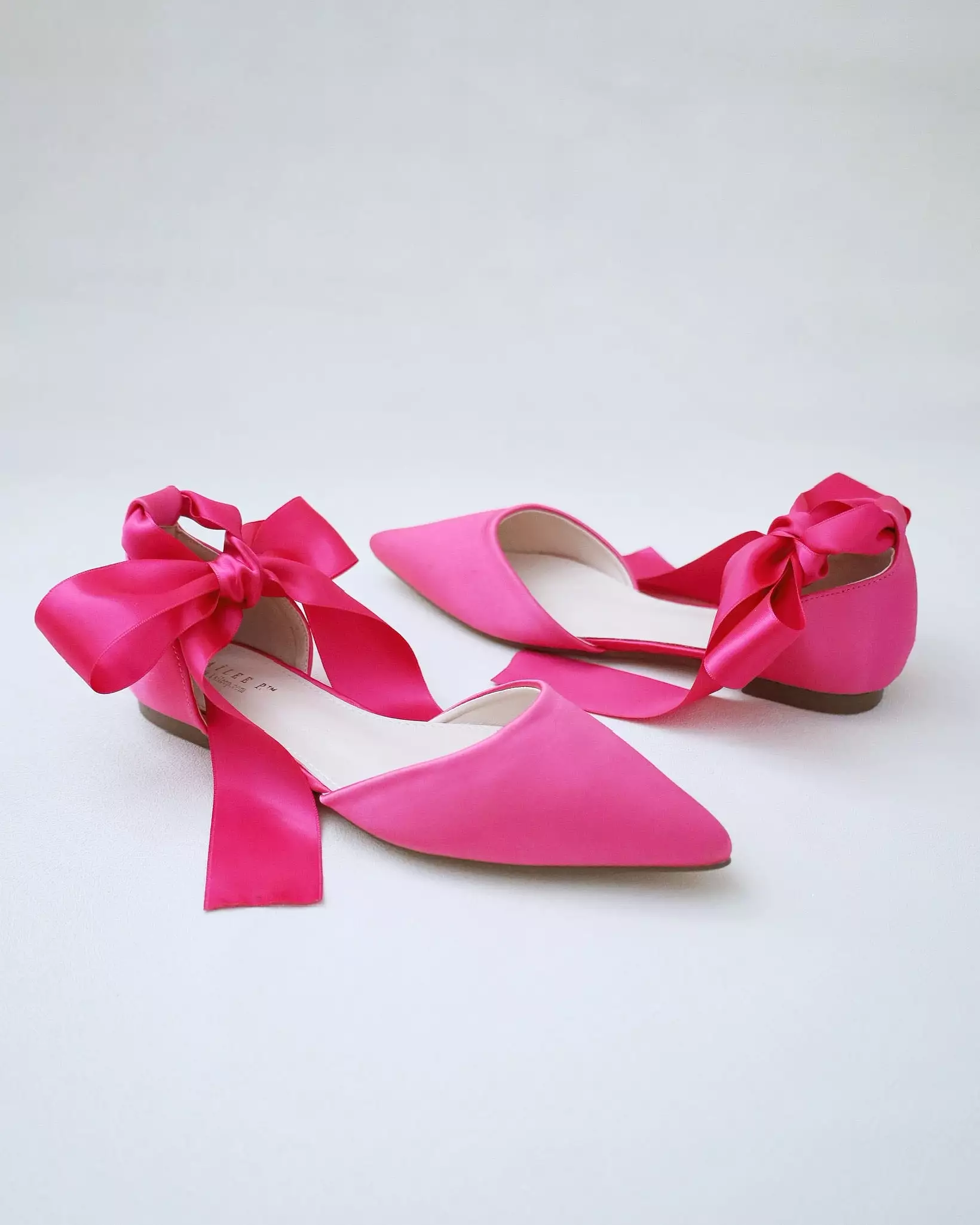 Fuchsia Satin Pointy Toe Flats with Satin Ankle Tie or Ballerina Lace Up