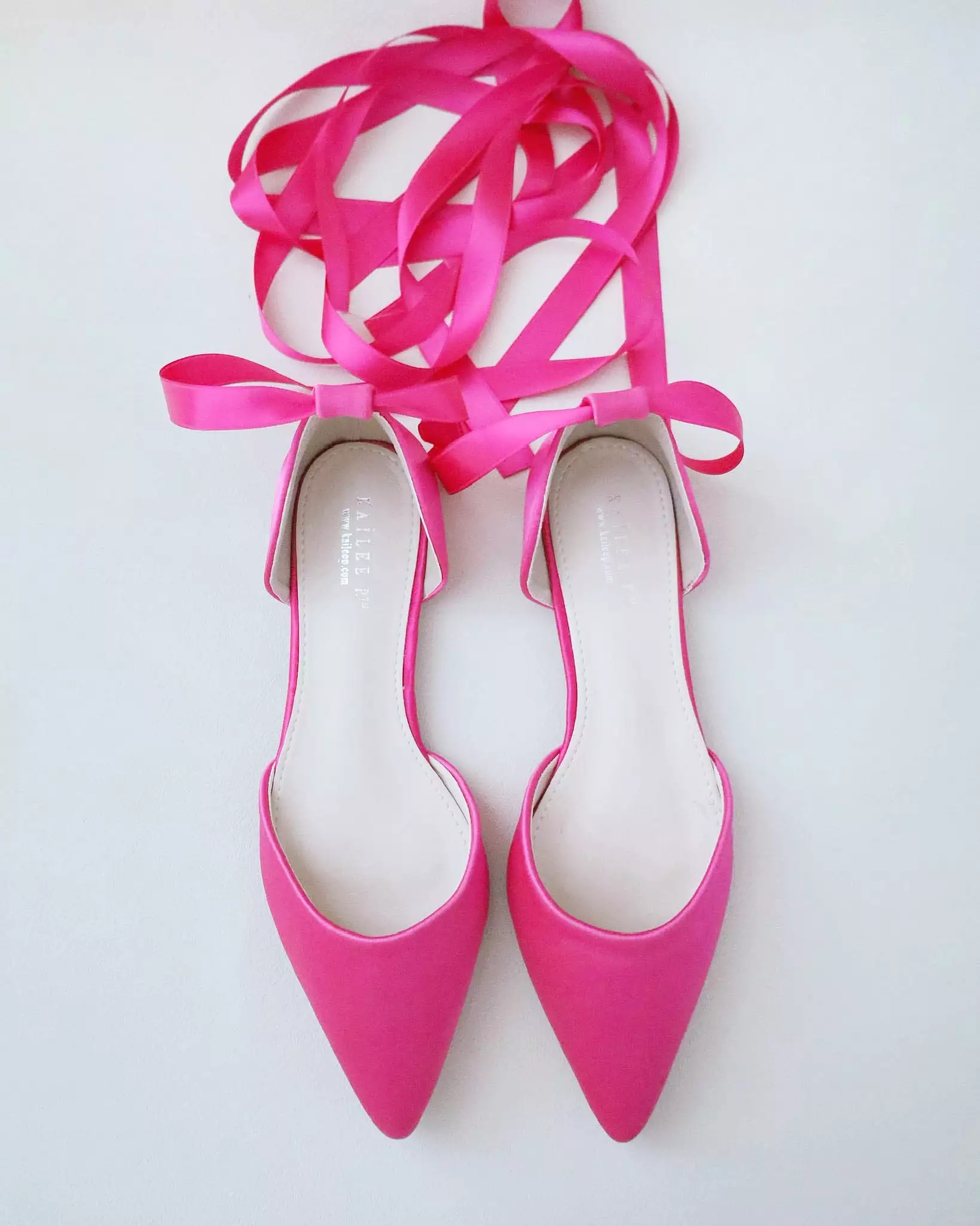 Fuchsia Satin Pointy Toe Flats with Satin Ankle Tie or Ballerina Lace Up