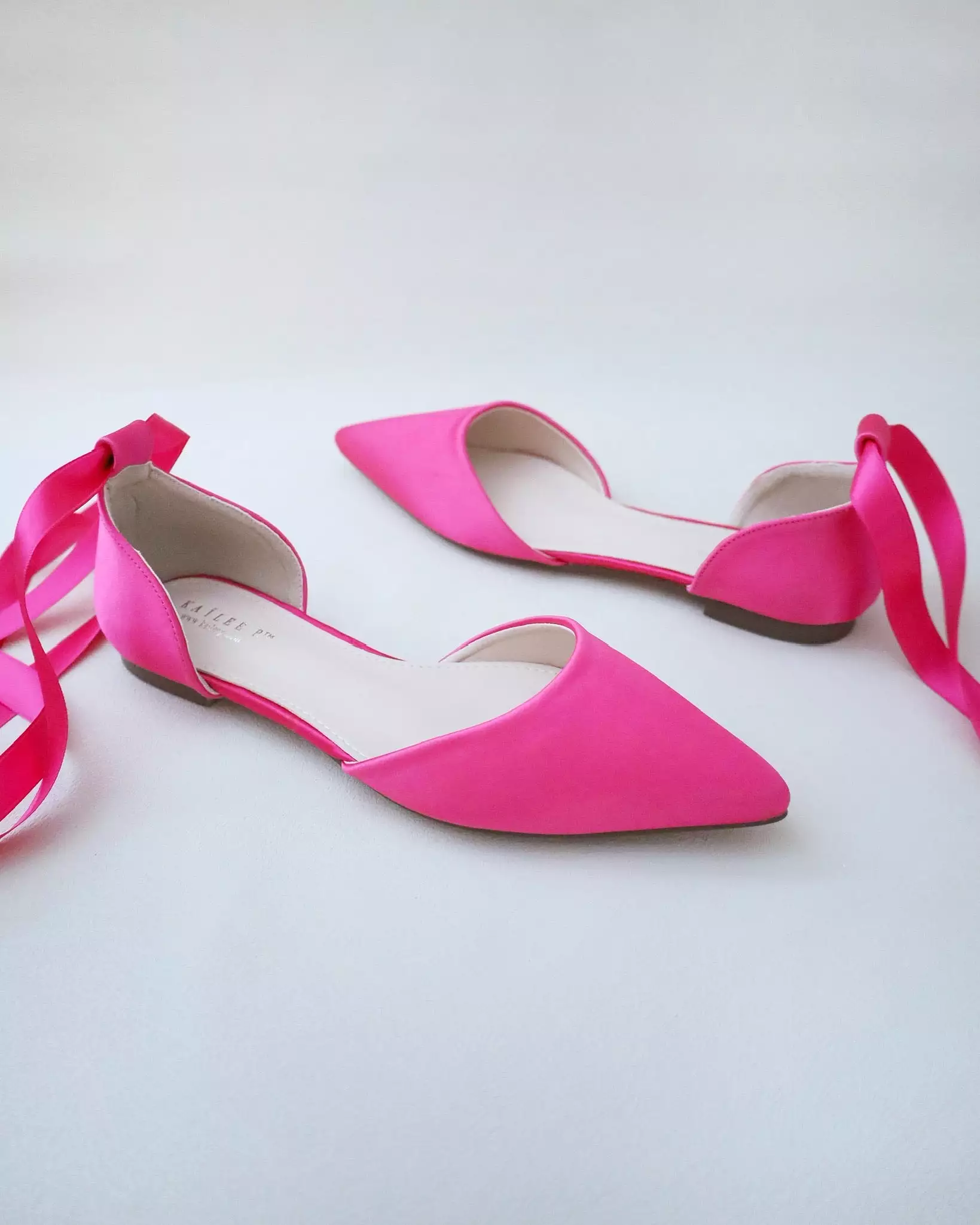 Fuchsia Satin Pointy Toe Flats with Satin Ankle Tie or Ballerina Lace Up