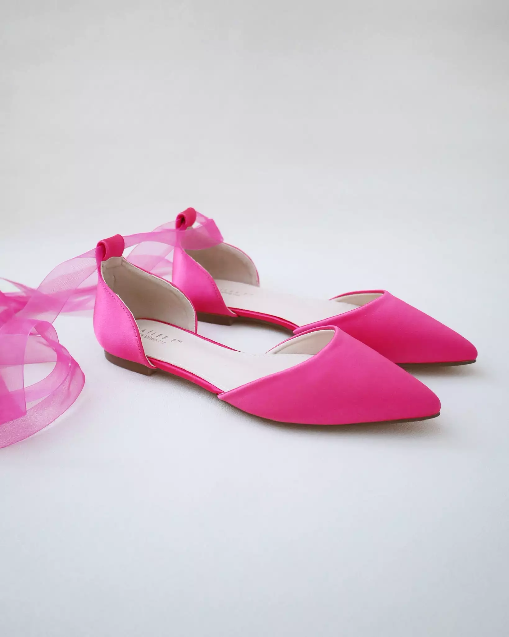 Fuchsia Satin Pointy Toe Flats with Satin Ankle Tie or Ballerina Lace Up