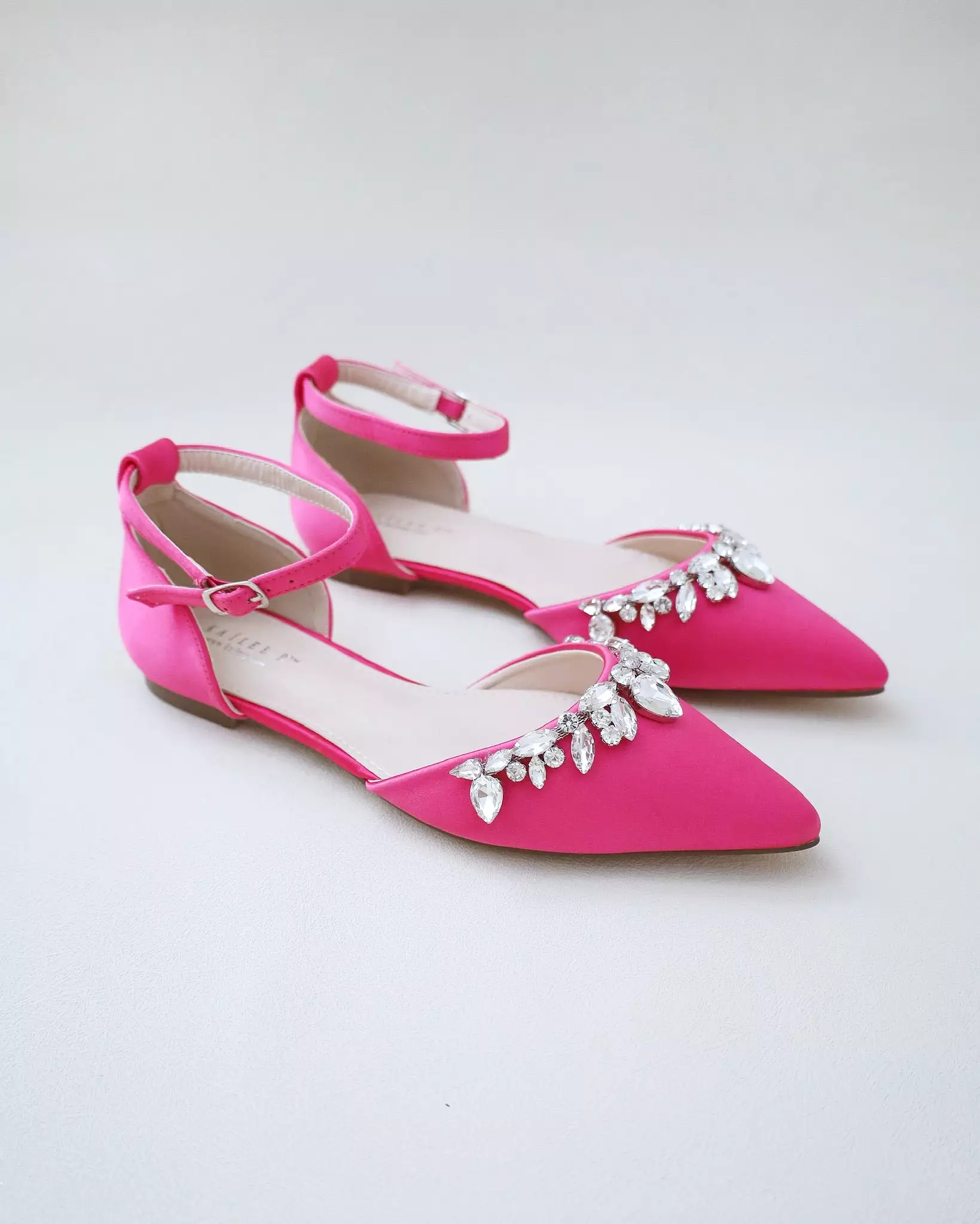 Fuchsia Satin Pointy Toe Flats with Teardrop Rhinestones