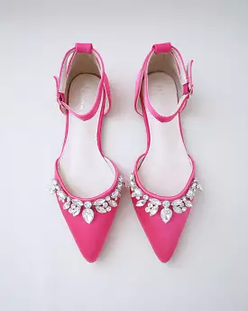 Fuchsia Satin Pointy Toe Flats with Teardrop Rhinestones