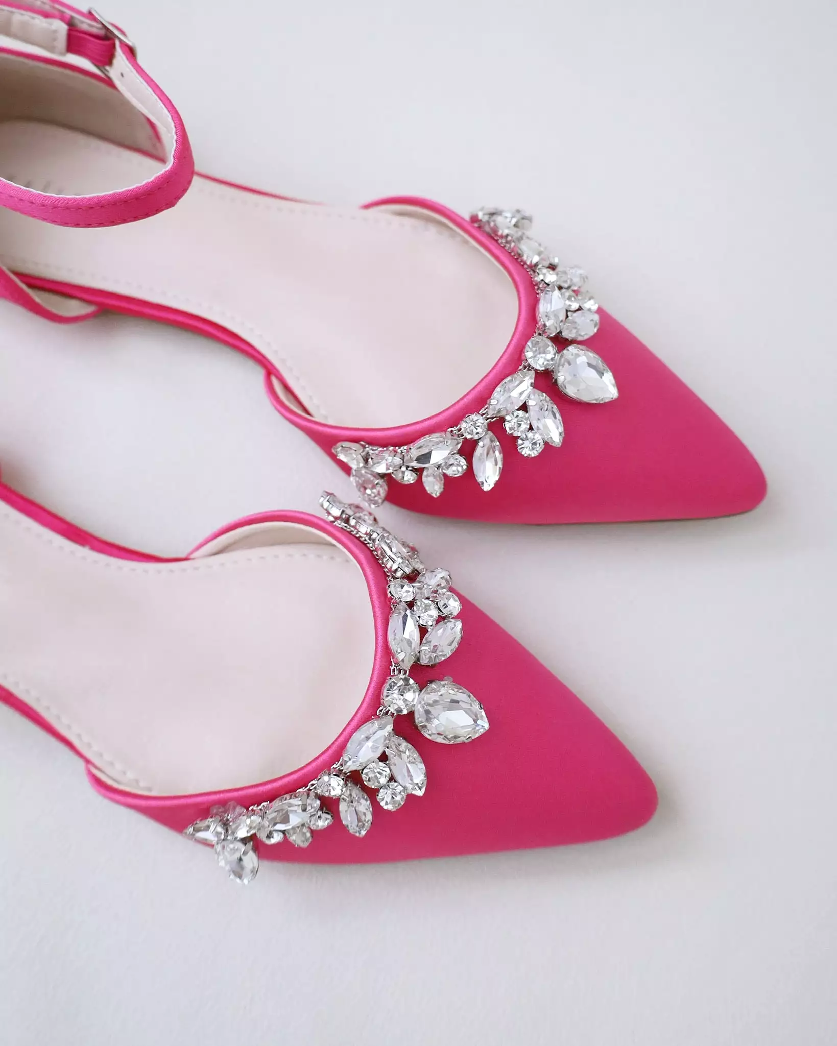 Fuchsia Satin Pointy Toe Flats with Teardrop Rhinestones