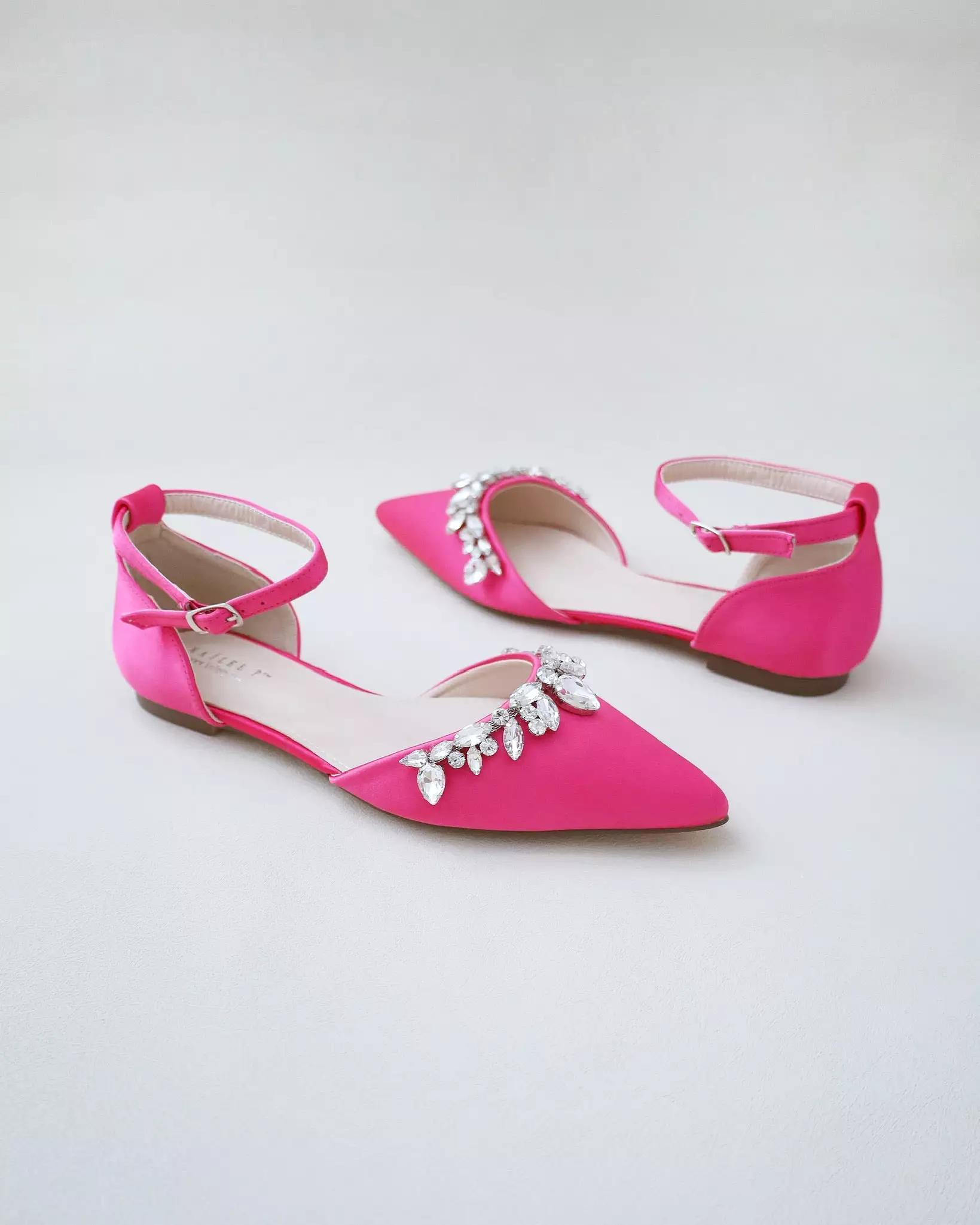 Fuchsia Satin Pointy Toe Flats with Teardrop Rhinestones