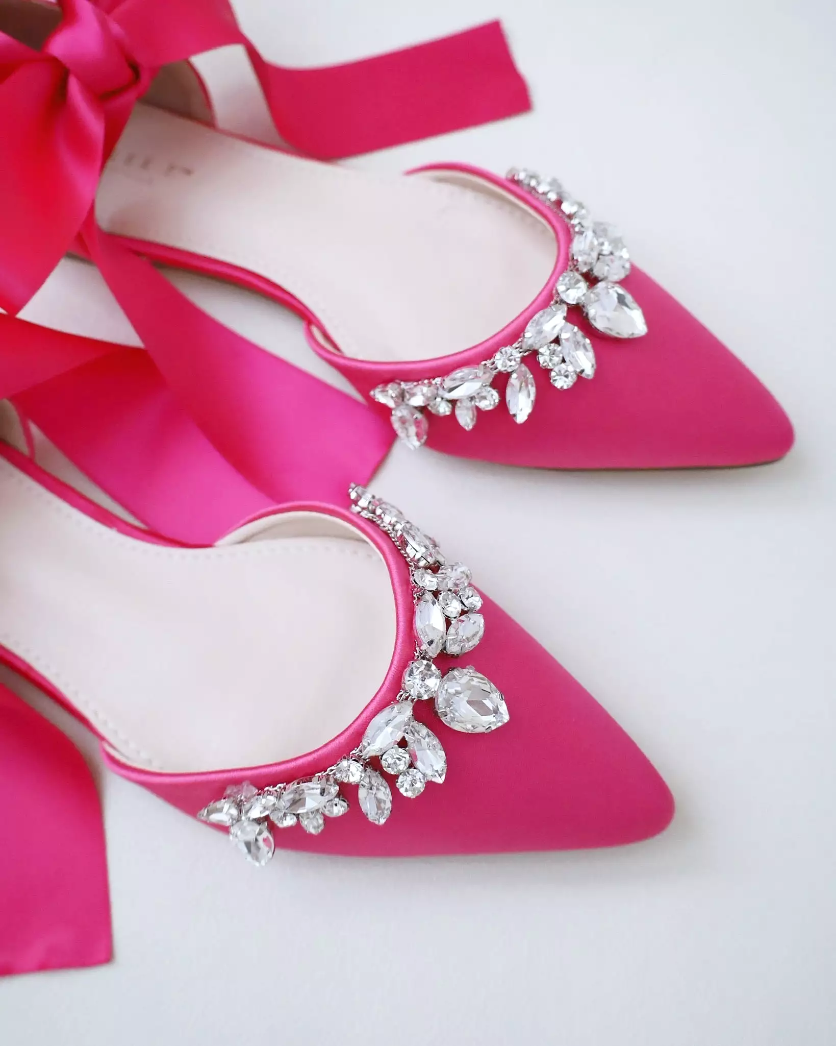 Fuchsia Satin Pointy Toe Flats with Teardrop Rhinestones