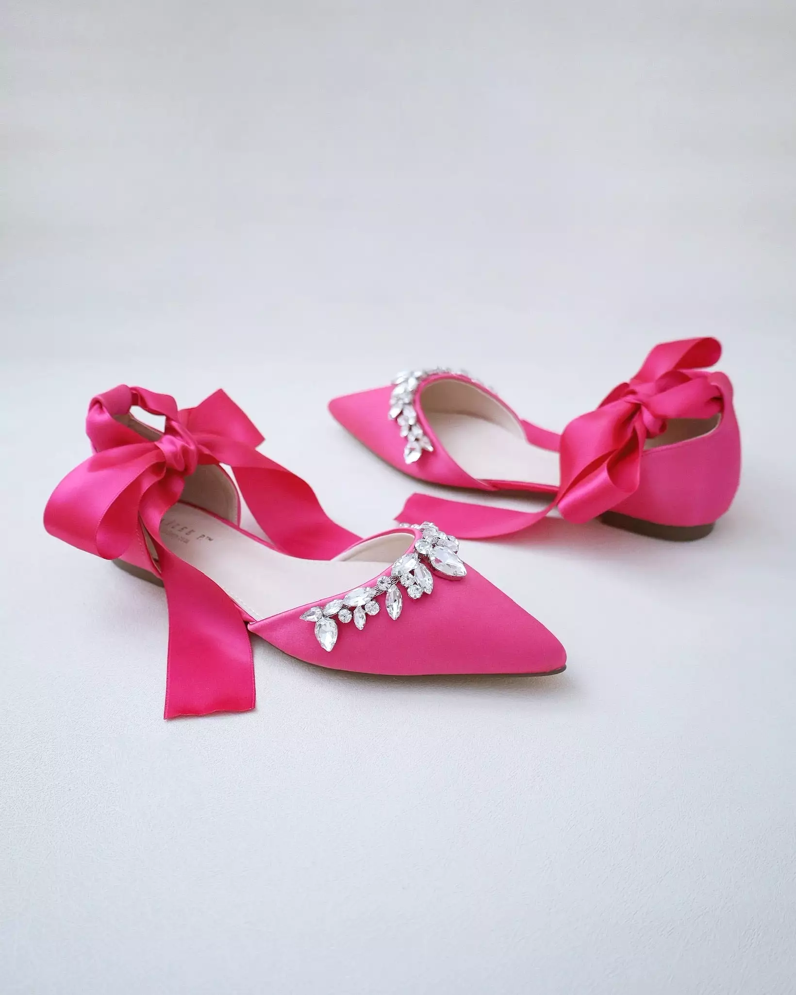 Fuchsia Satin Pointy Toe Flats with Teardrop Rhinestones