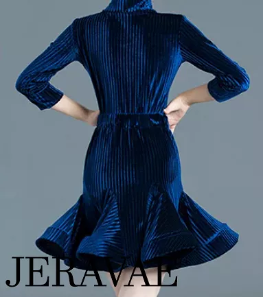 Girl's Blue Two Piece Practice or Competition Ribbed Velvet Latin Skirt and Long Sleeve Bodysuit You036 in Stock