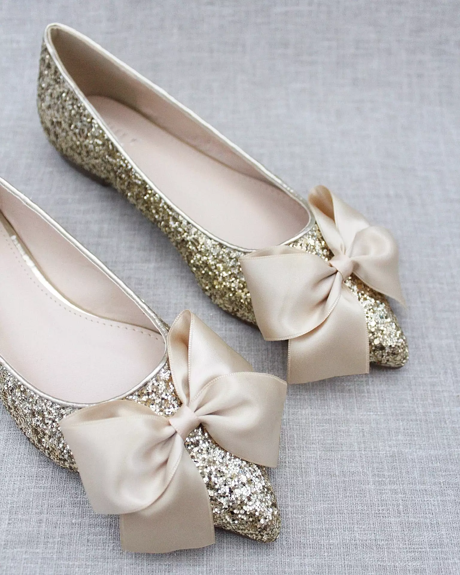 Gold Pointy Toe Glitter Evening Flats with Satin Bow