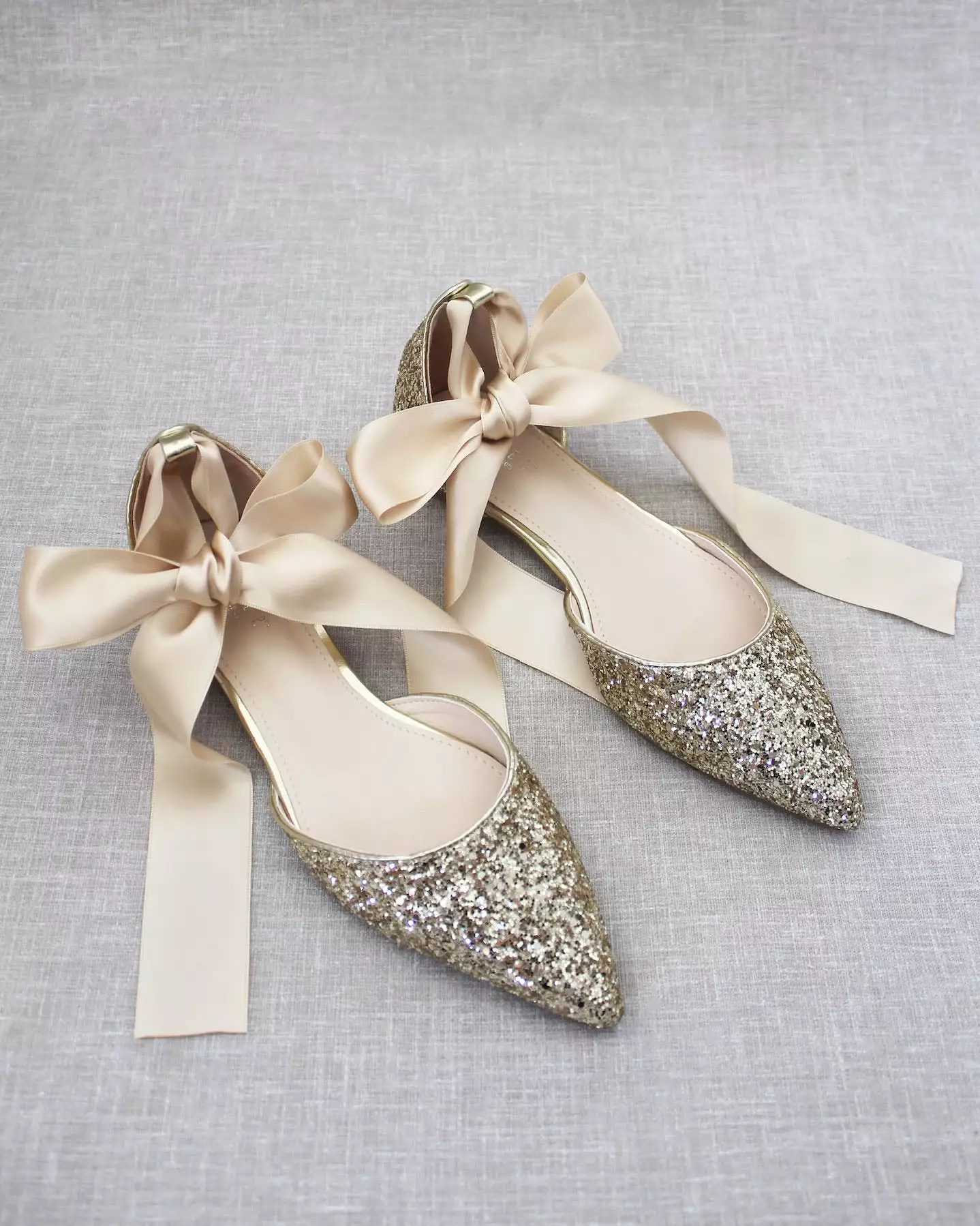 Gold Rock Glitter Pointy Toe Flats with Satin Ankle Tie or Ballerina Lace Up