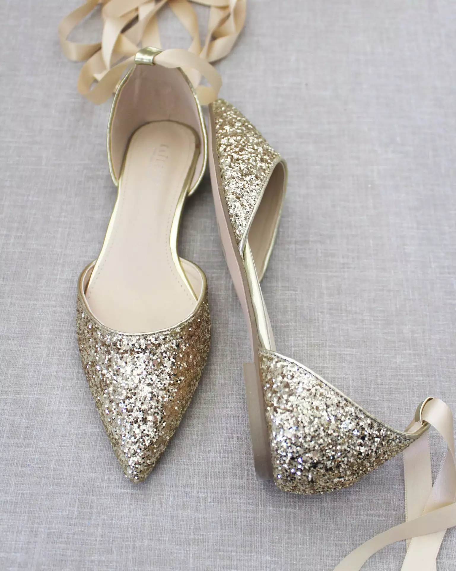 Gold Rock Glitter Pointy Toe Flats with Satin Ankle Tie or Ballerina Lace Up