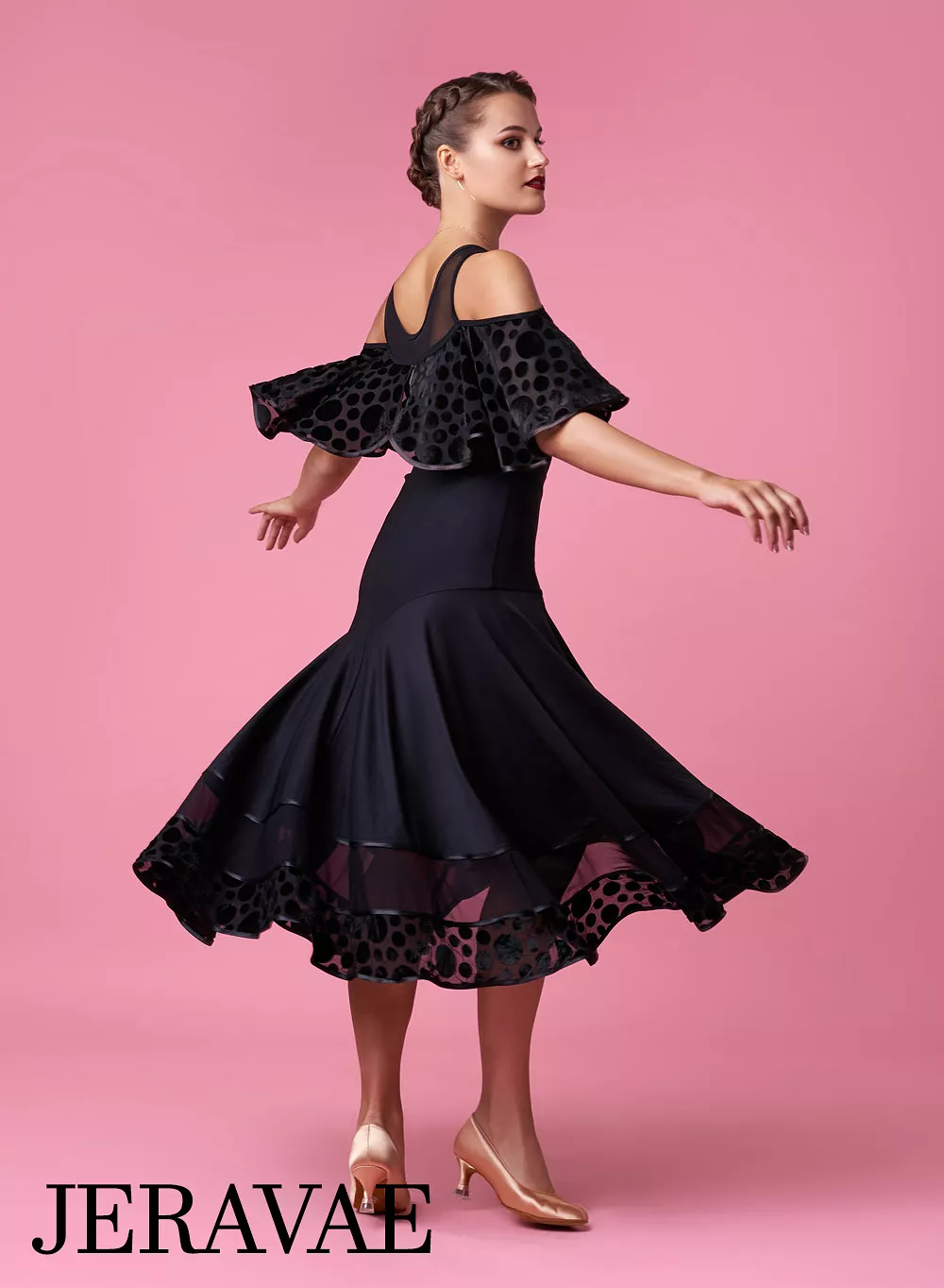 Grand Prix Black Ballroom Practice Skirt with Layers of Chiffon and Velvet Polka Dots for Girls and Women PRA 1040 in Stock