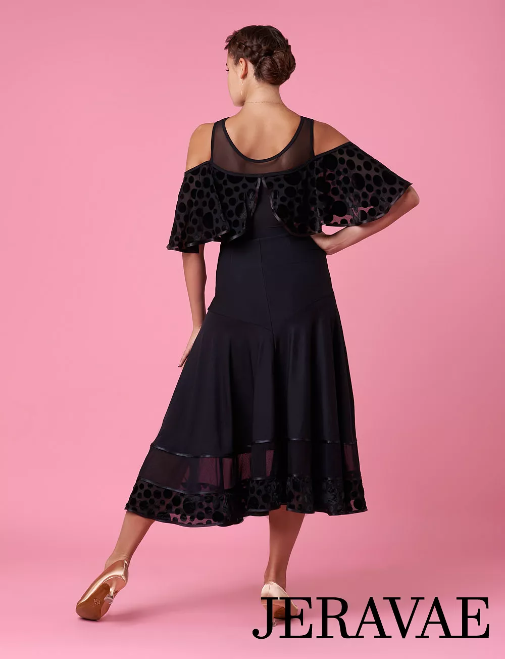 Grand Prix Black Ballroom Practice Skirt with Layers of Chiffon and Velvet Polka Dots for Girls and Women PRA 1040 in Stock