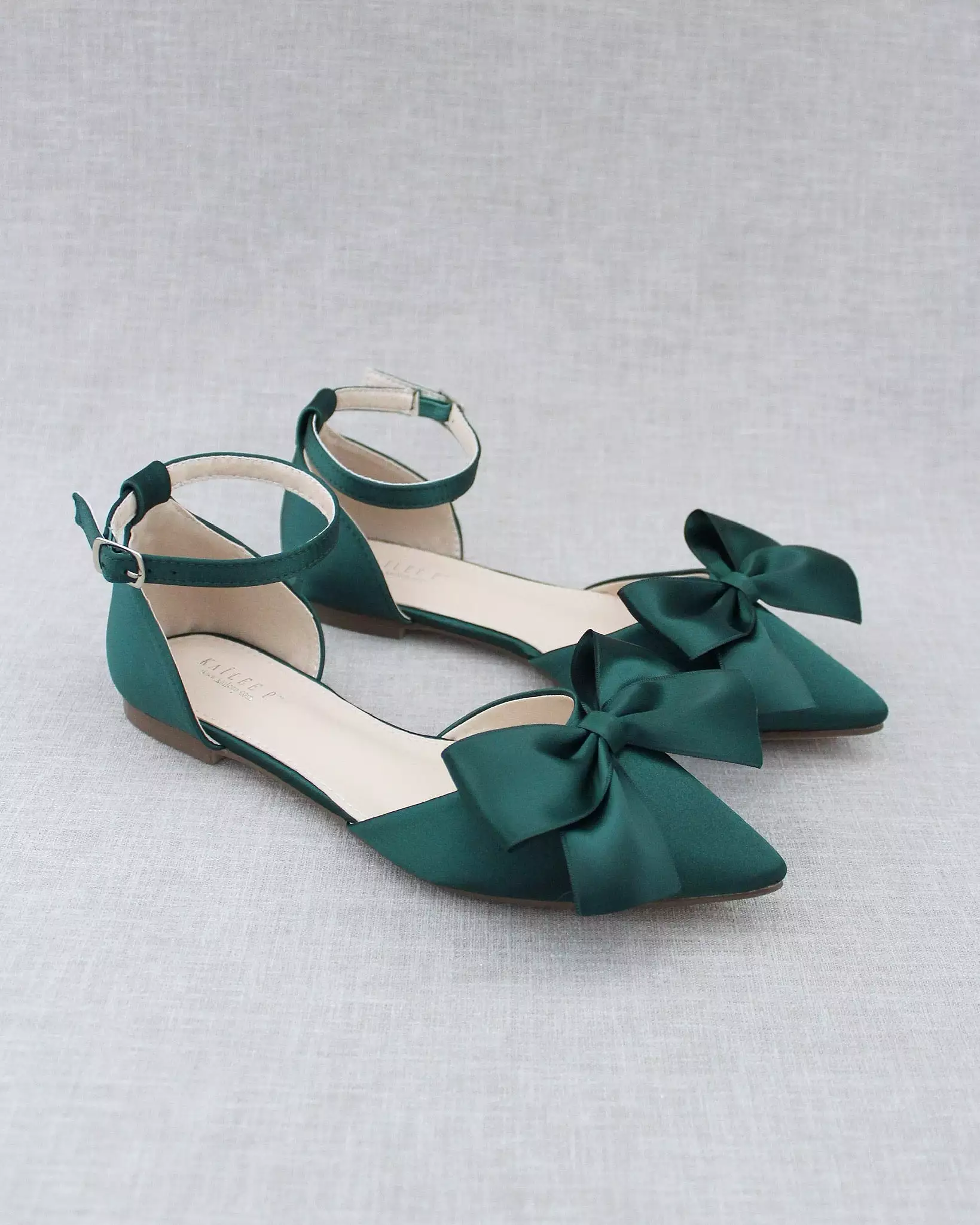 Hunter Green Pointy Toe Flats with Front Satin Bow