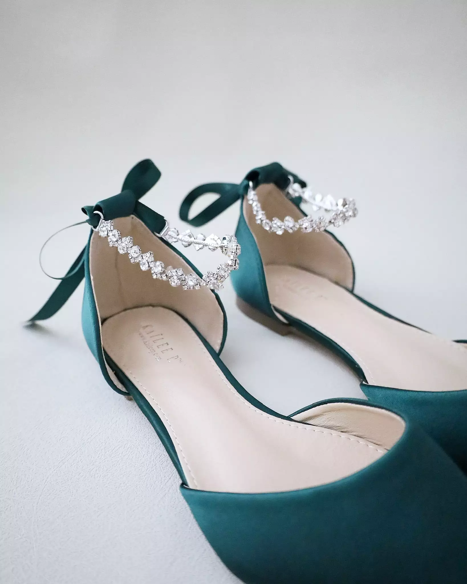 Hunter Green Satin Pointy Toe Evening Flats with Amaryllis Strap