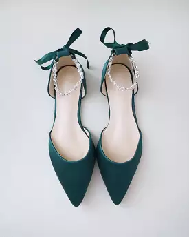 Hunter Green Satin Pointy Toe Evening Flats with Amaryllis Strap