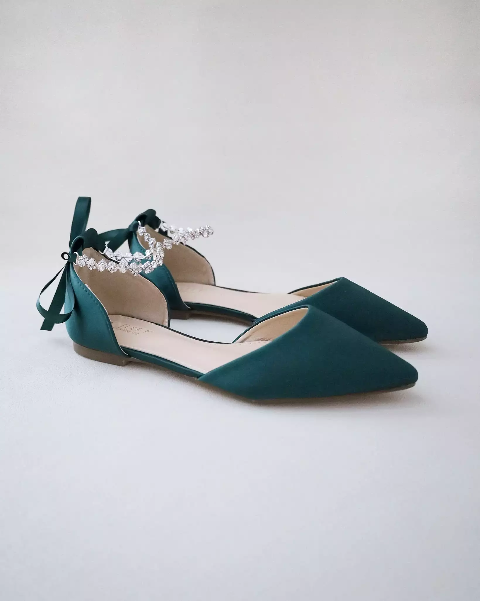 Hunter Green Satin Pointy Toe Evening Flats with Amaryllis Strap