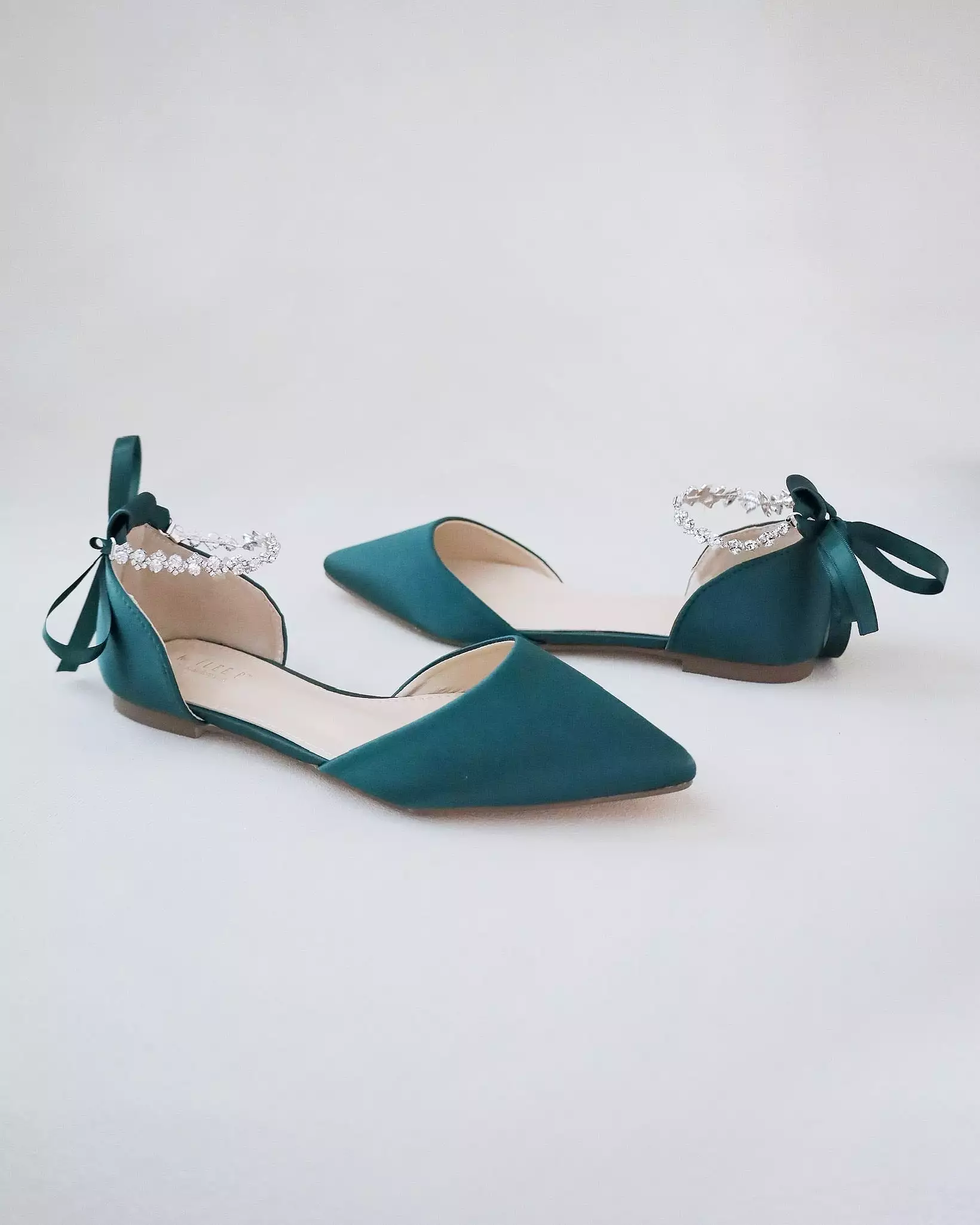 Hunter Green Satin Pointy Toe Evening Flats with Amaryllis Strap