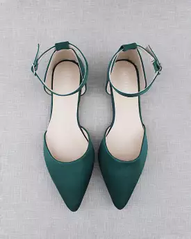 Hunter Green Satin Pointy Toe Flats with Ankle Strap