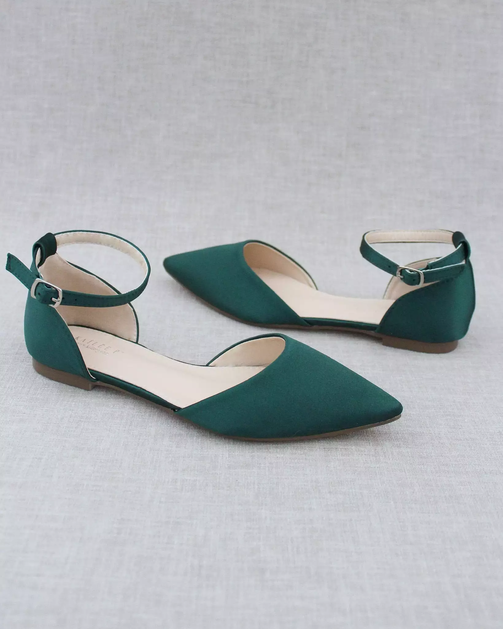 Hunter Green Satin Pointy Toe Flats with Ankle Strap