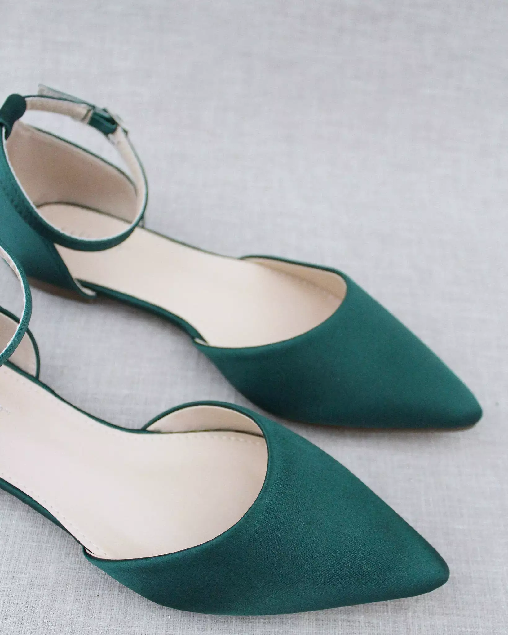 Hunter Green Satin Pointy Toe Flats with Ankle Strap