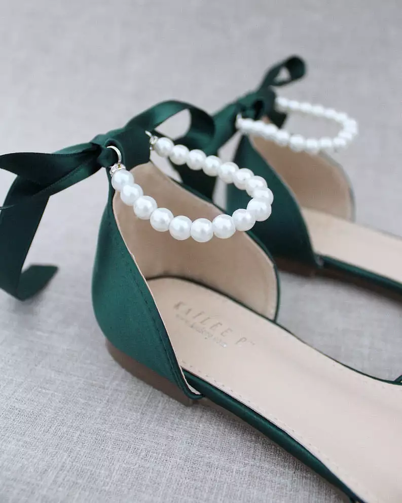 Hunter Green Satin Pointy Toe Flats with Satin Ankle Tie or Ballerina Lace Up