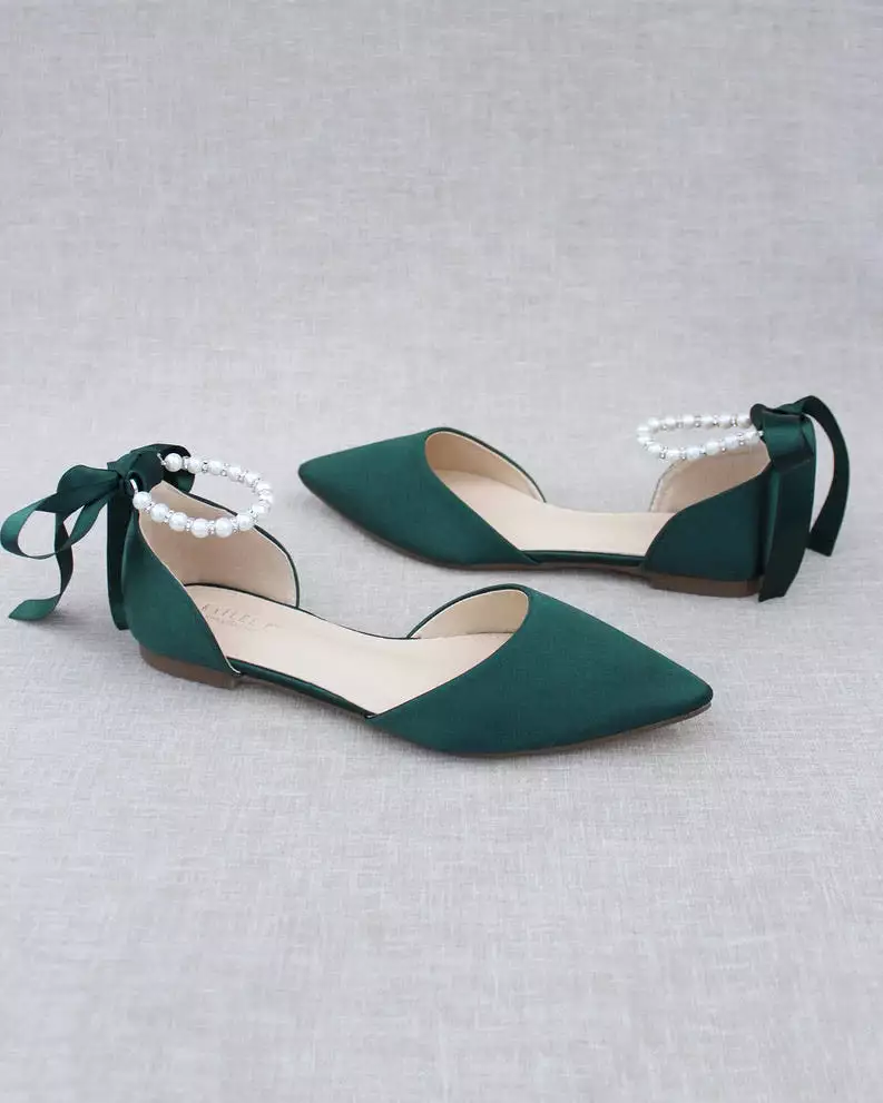 Hunter Green Satin Pointy Toe Flats with Satin Ankle Tie or Ballerina Lace Up