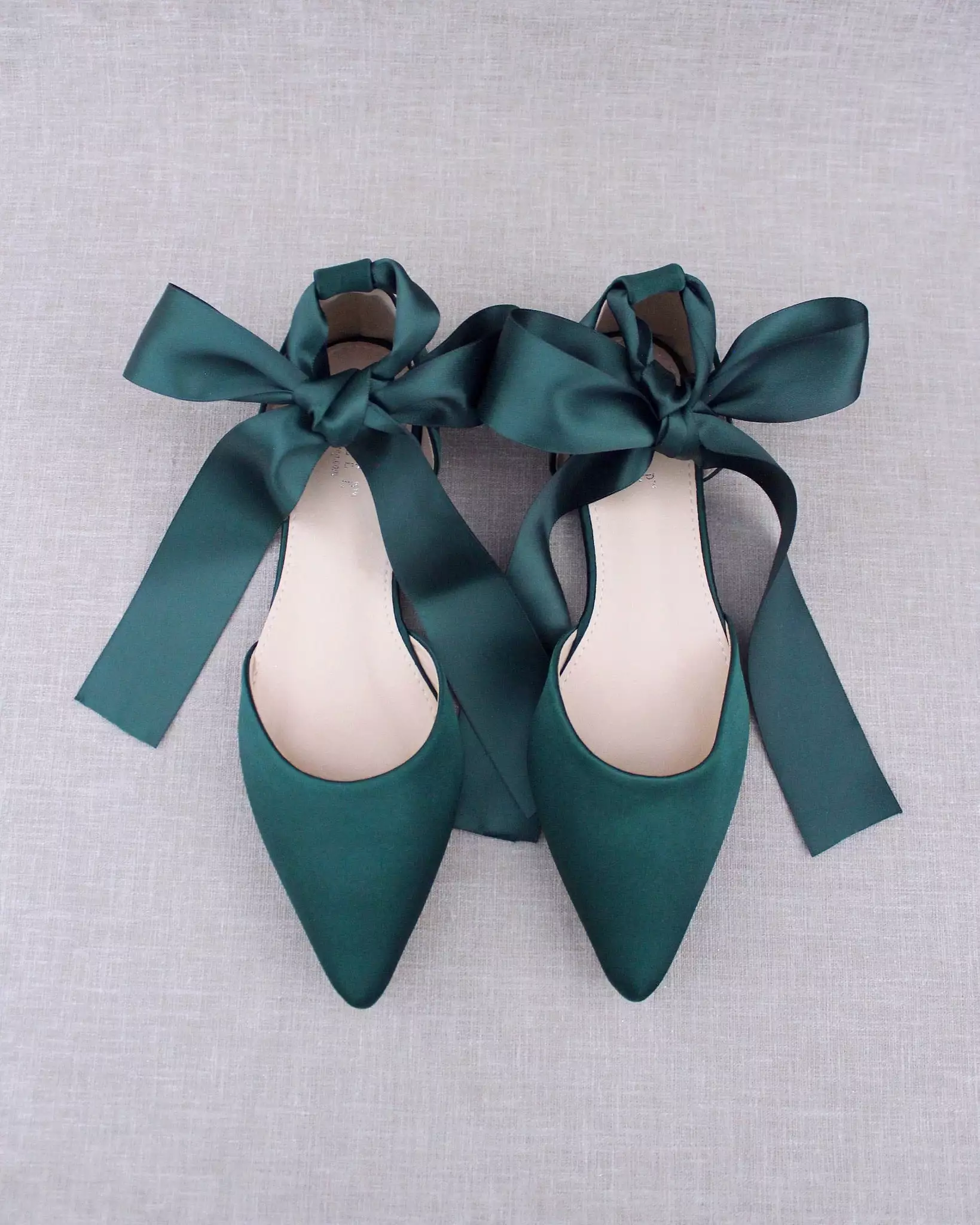 Hunter Green Satin Pointy Toe Flats with Satin Ankle Tie or Ballerina Lace Up