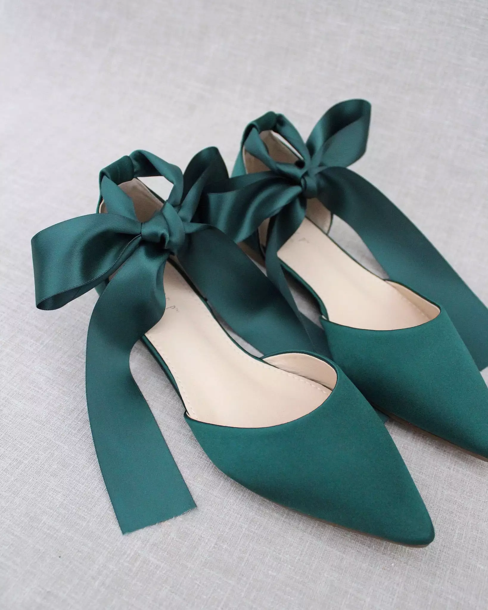 Hunter Green Satin Pointy Toe Flats with Satin Ankle Tie or Ballerina Lace Up