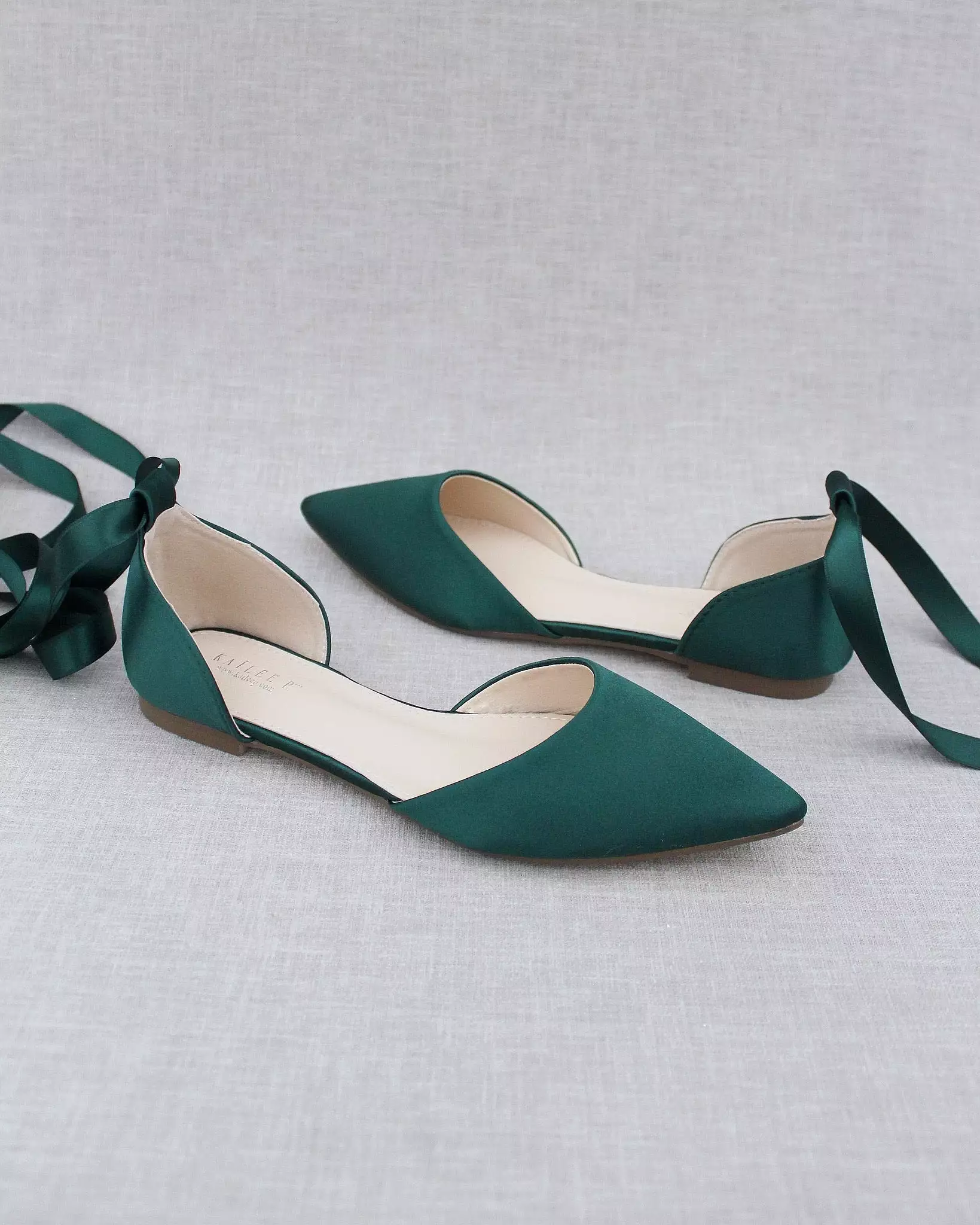 Hunter Green Satin Pointy Toe Flats with Satin Ankle Tie or Ballerina Lace Up