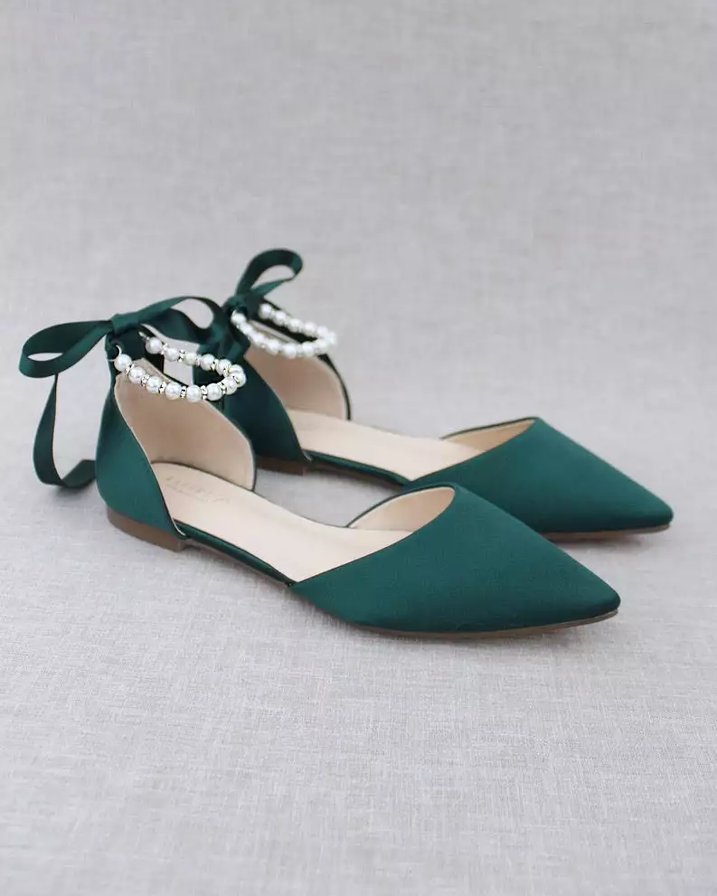 Hunter Green Satin Pointy Toe Flats with Satin Ankle Tie or Ballerina Lace Up