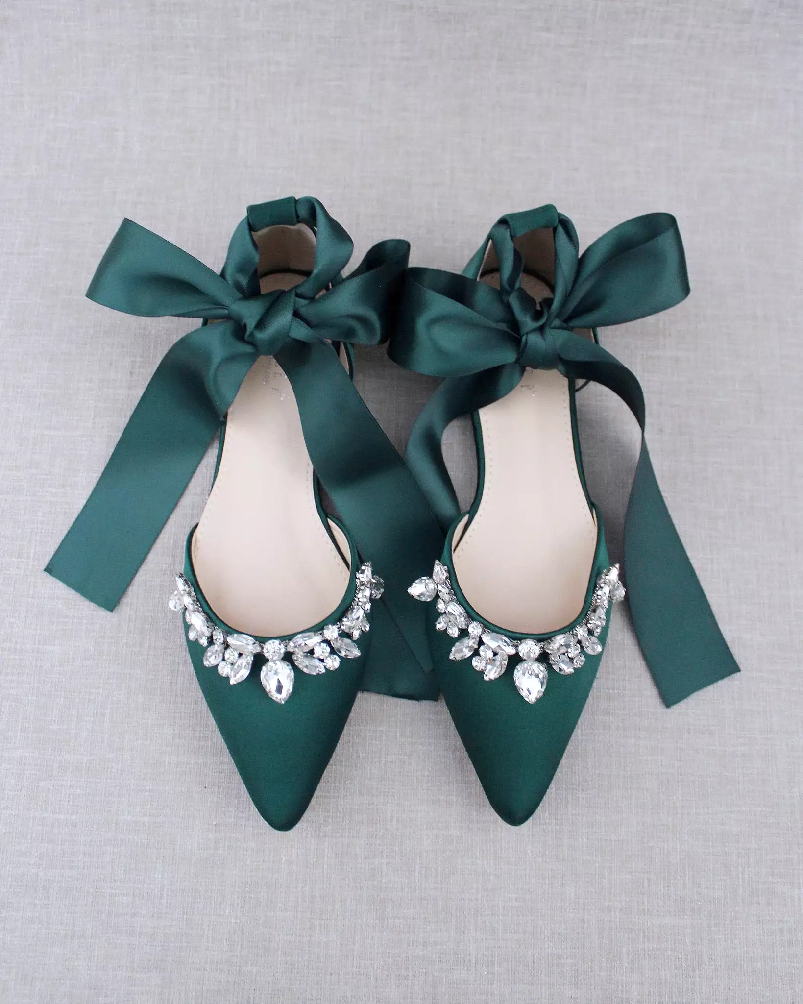 Hunter Green Satin Pointy Toe Flats with Teardrop Rhinestones Embellishments