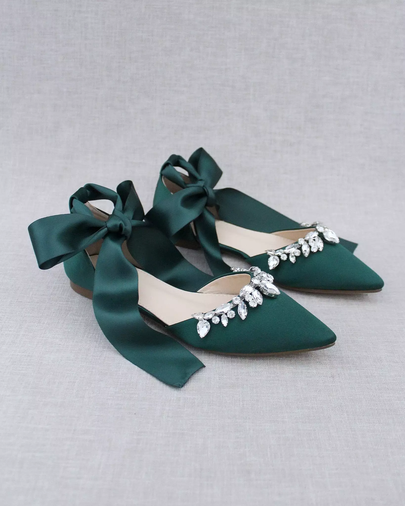 Hunter Green Satin Pointy Toe Flats with Teardrop Rhinestones Embellishments