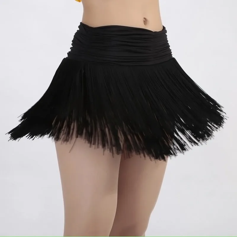 Latin Ballroom Salsa Dance Performance Tiered Tassel Swing Ruched Waist Fringe Skirts