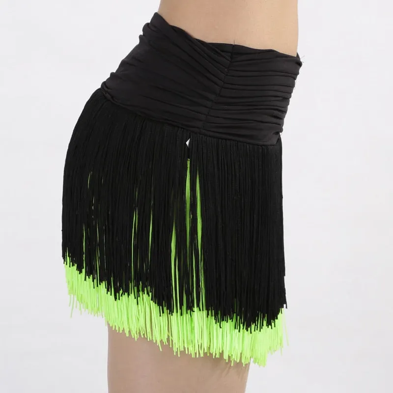 Latin Ballroom Salsa Dance Performance Tiered Tassel Swing Ruched Waist Fringe Skirts